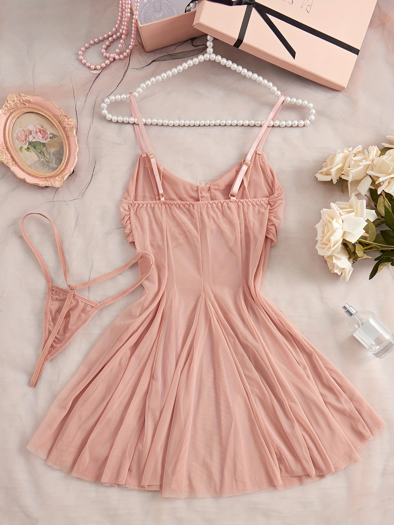 Women's Sexy Lingerie Set with Thong Skirt and Panties Black Satin