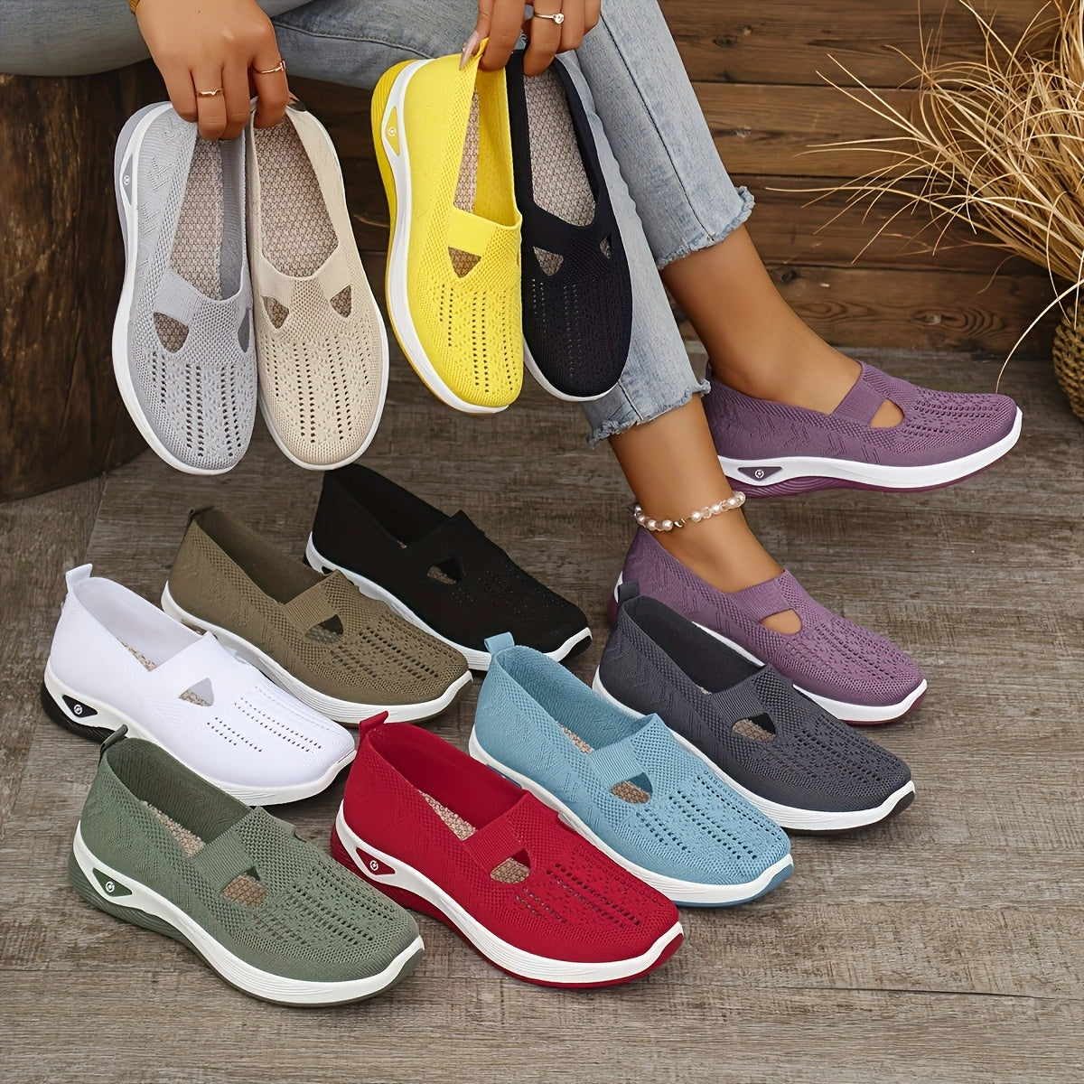 Women's Breathable Knit Slip-On Sneakers Flat Casual Shoes for All-Day Comfort