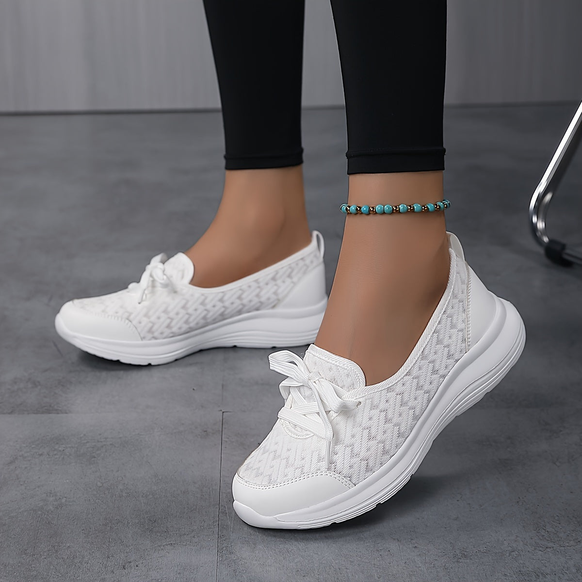 Women's Mesh Slip-On Sneakers White Low-Top Casual Shoes Round Toe