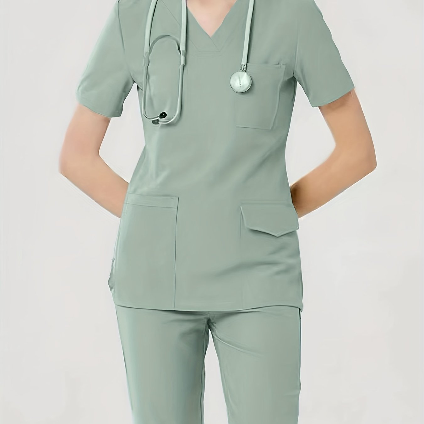 Women's Health Care Uniform Set V-Neck Top with Pockets and Solid Pants