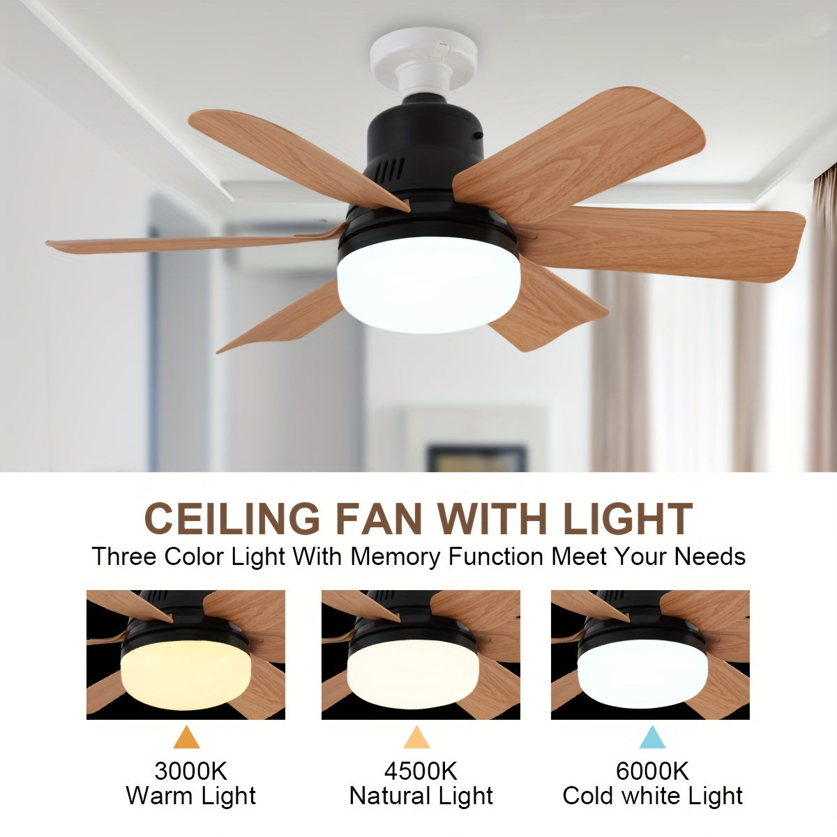 52.07cm Ceiling Fan with Light Remote Control Adjustable LED 6 Blades Black Wood Finish