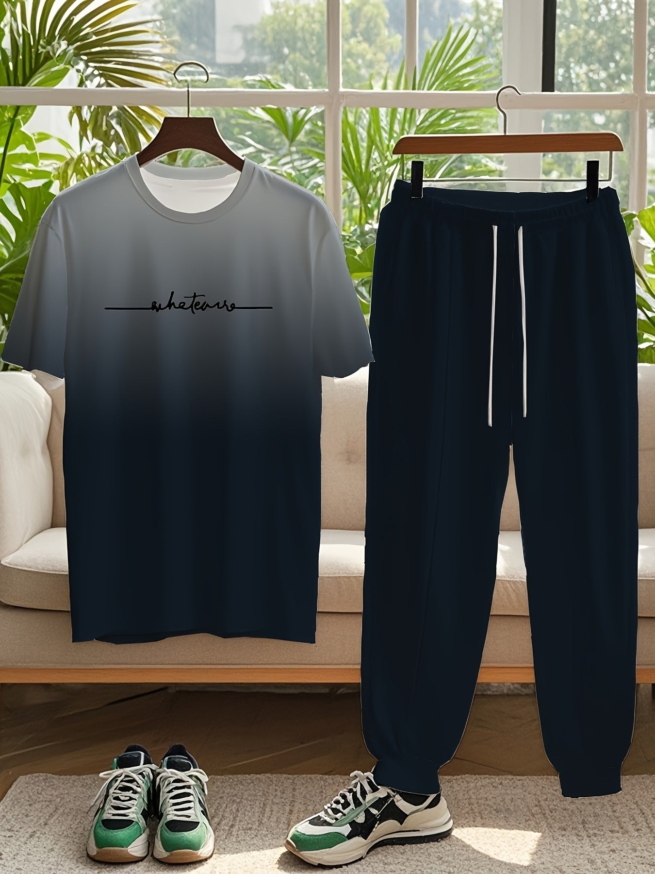 Plus Size Men's Ombre Sweatsuit Set with Crew Neck T-Shirt and Drawstring Pants