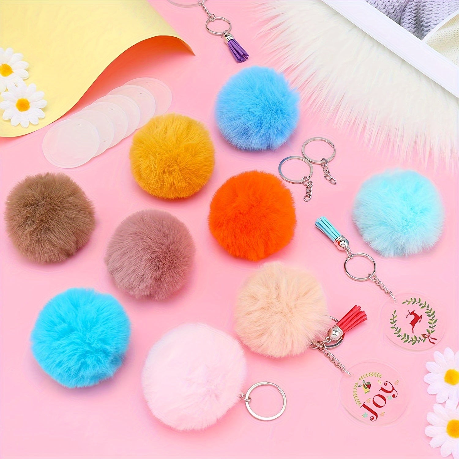 Fifty Pieces of Plush Lazy Rabbit Pom-Poms with Key Chains for DIY Jewelry Accessories