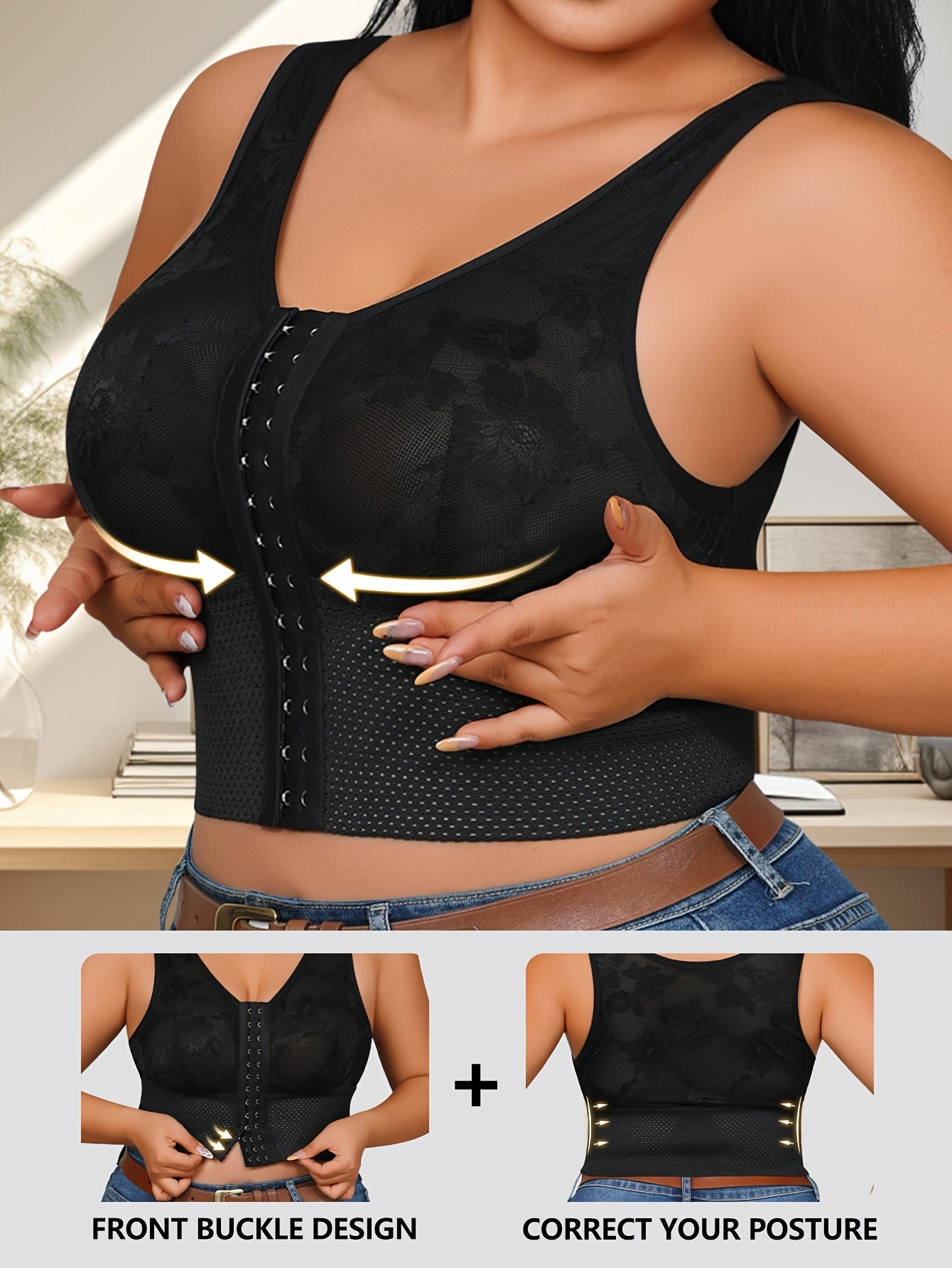 Women's Black Lace-Trimmed Vest with Mesh Panels and Adjustable Straps