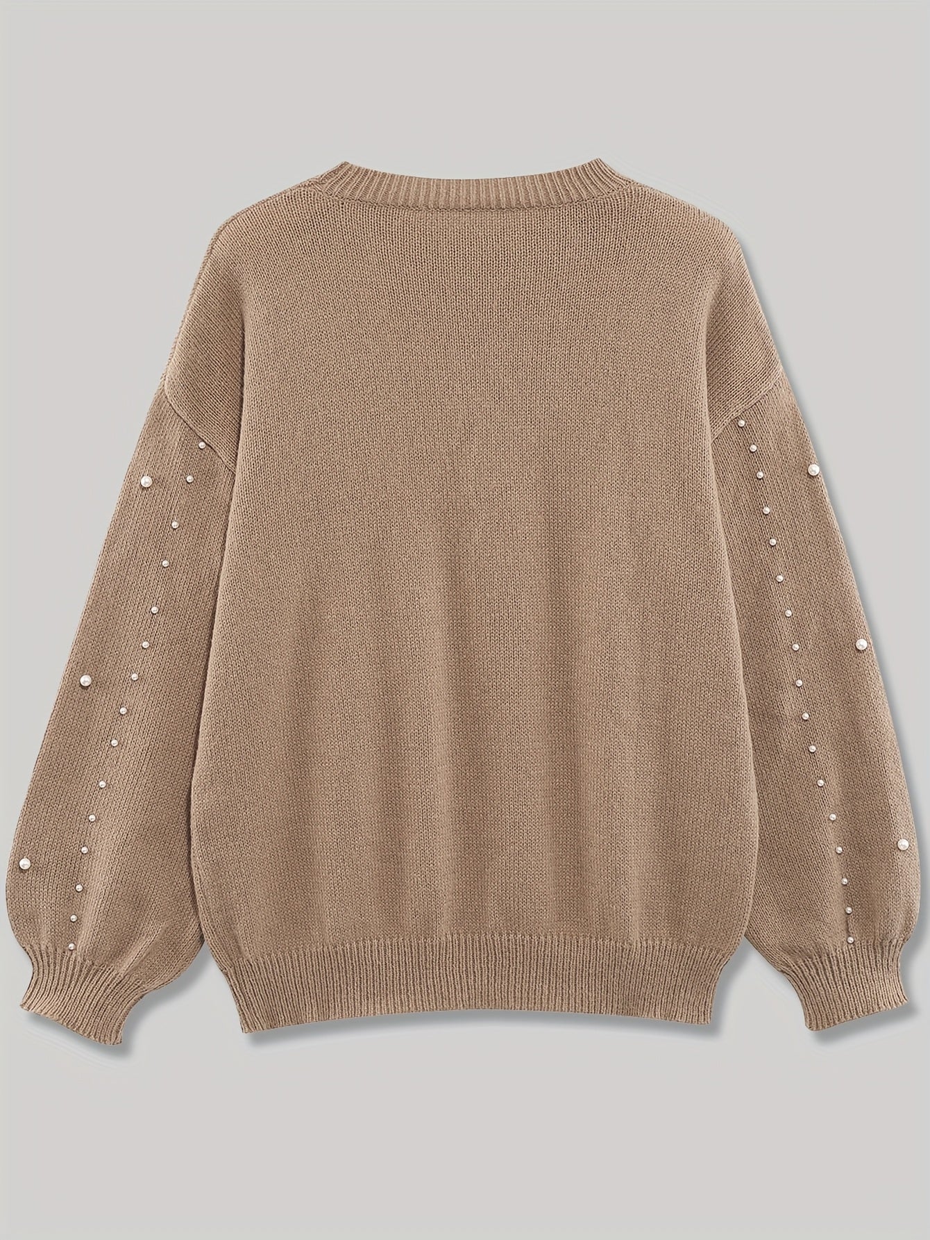 Suéter de punto para mujer talla plus, otoño e invierno, cuello redondo, decoración de perlas