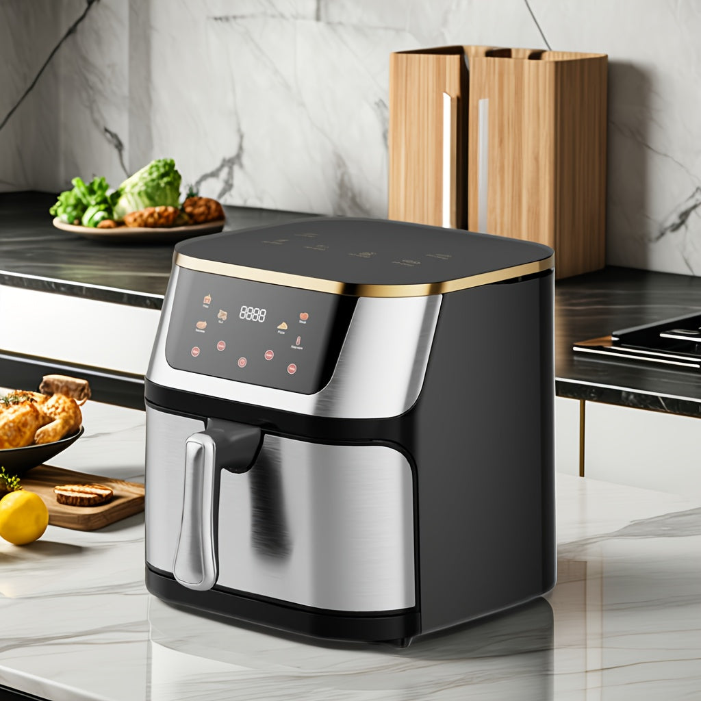 Family size electric air fryer with temperature control, non-stick coating, 10 preset touch options, and multiple cooking functions