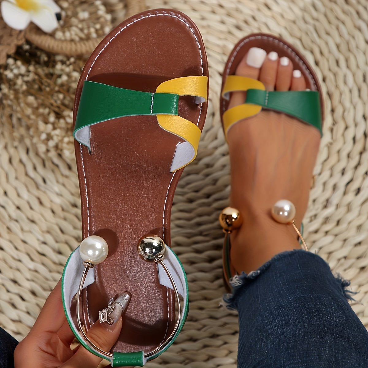 Women's Summer Sandals Faux Pearl Metallic Straps Open Toe Slip-On Casual Beach