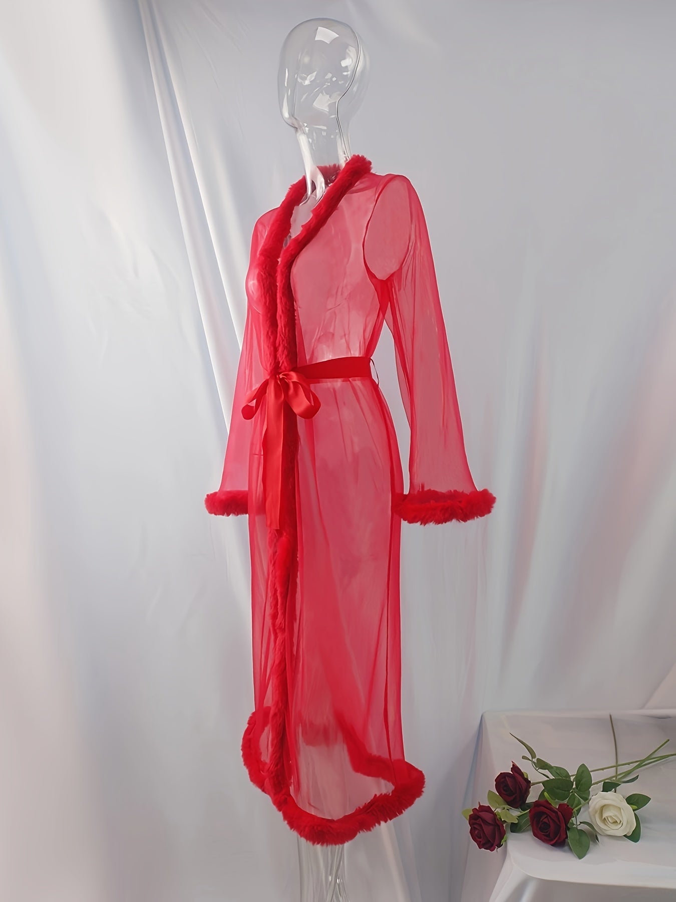 Women's Sheer Mesh Lace-Up Lingerie Robe for Mature Sleepwear in Autumn Winter