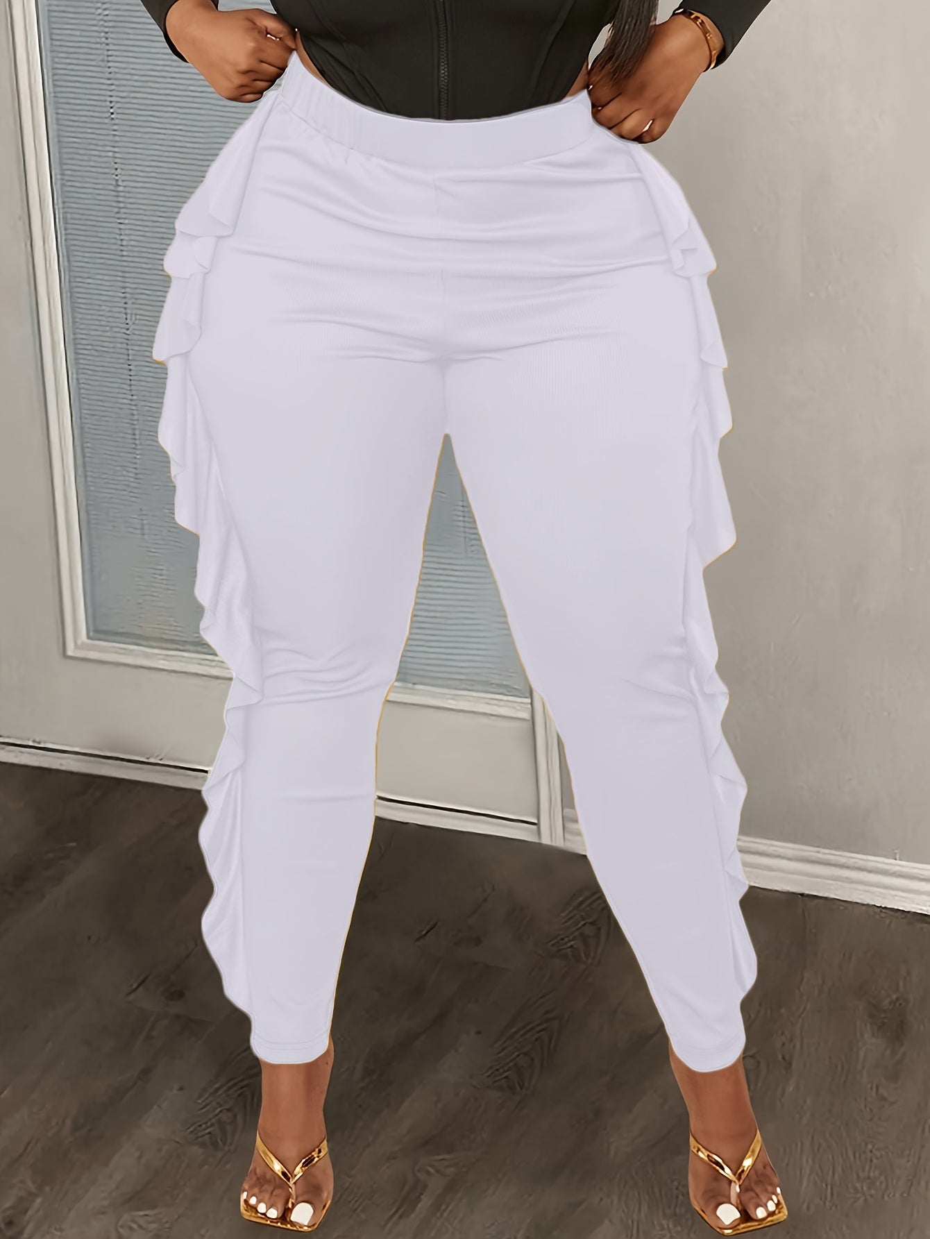 Women’s Knitted Slim Fit Trousers With Side Slit and Ruffles Plus Size