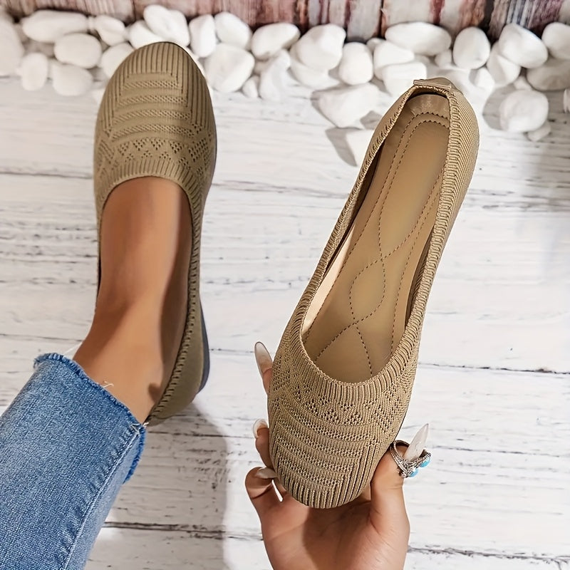Women's Breathable Knit Slip-On Flats Casual Shoes Beige Fabric All-Season