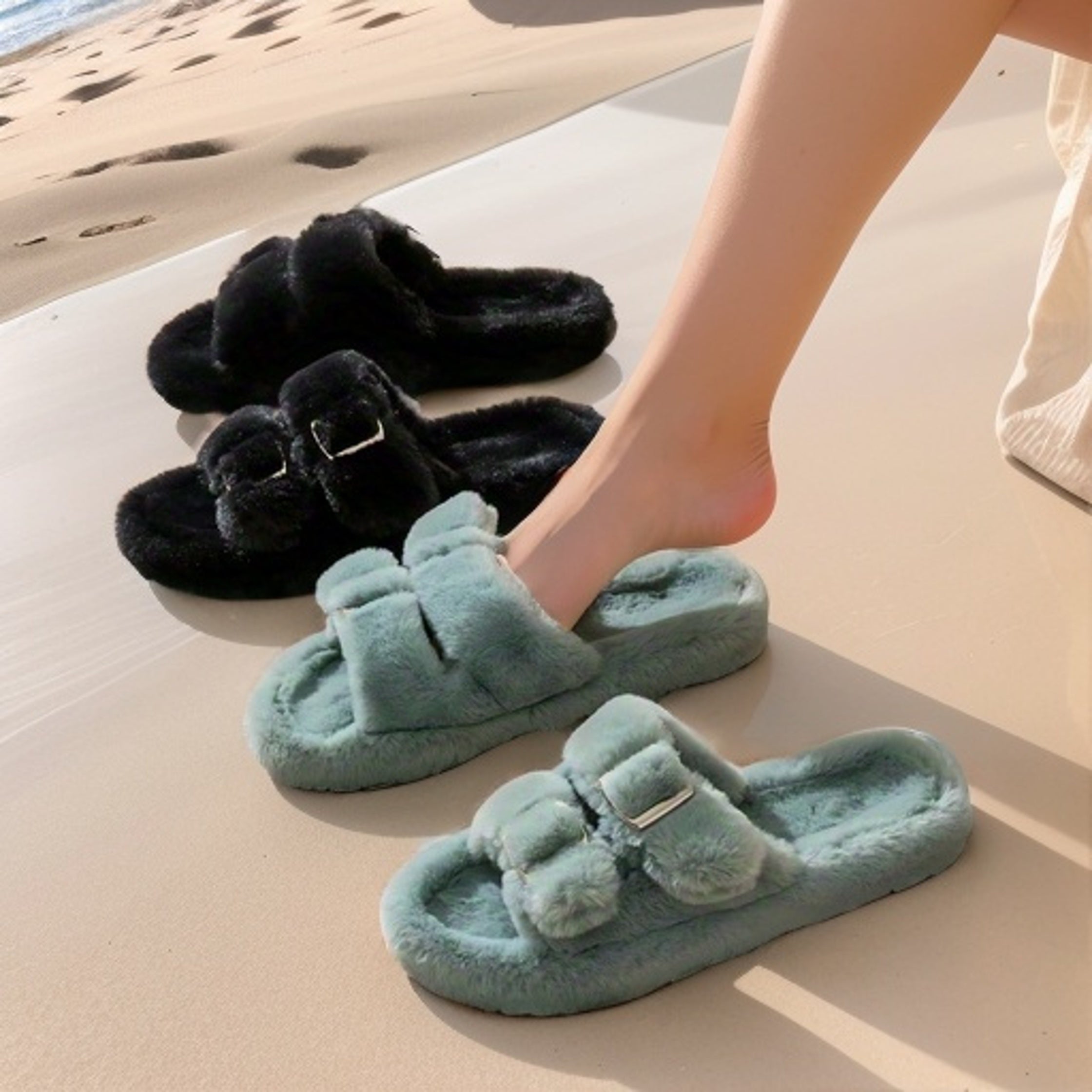 Women's Soft Fabric Slip-On Slippers with Double Buckle, Indoor Outdoor, Black Light Blue