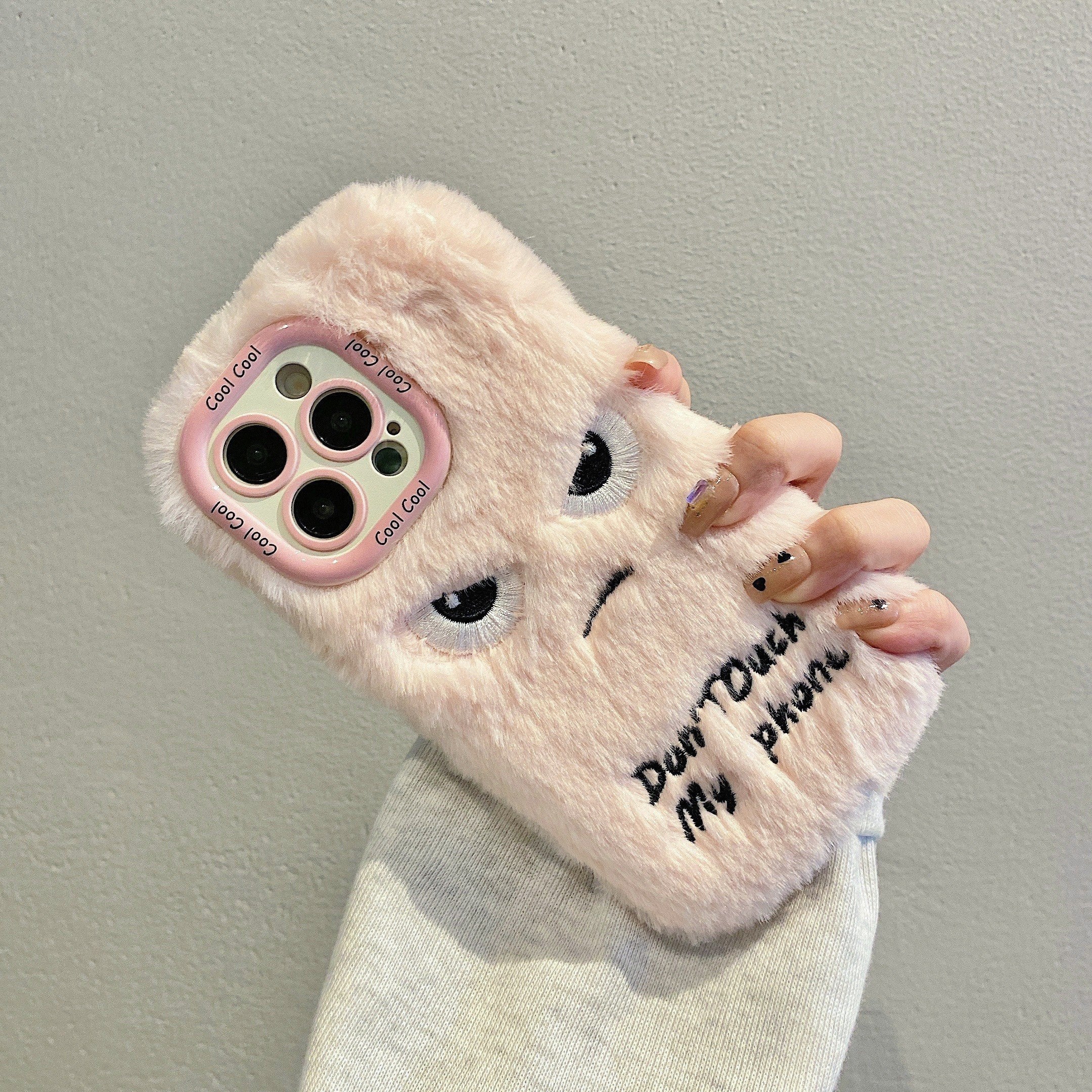 Plush Phone Case for iPhone 13-16 Pro Max with "Don't Touch My Phone" Expression and Lens Protection