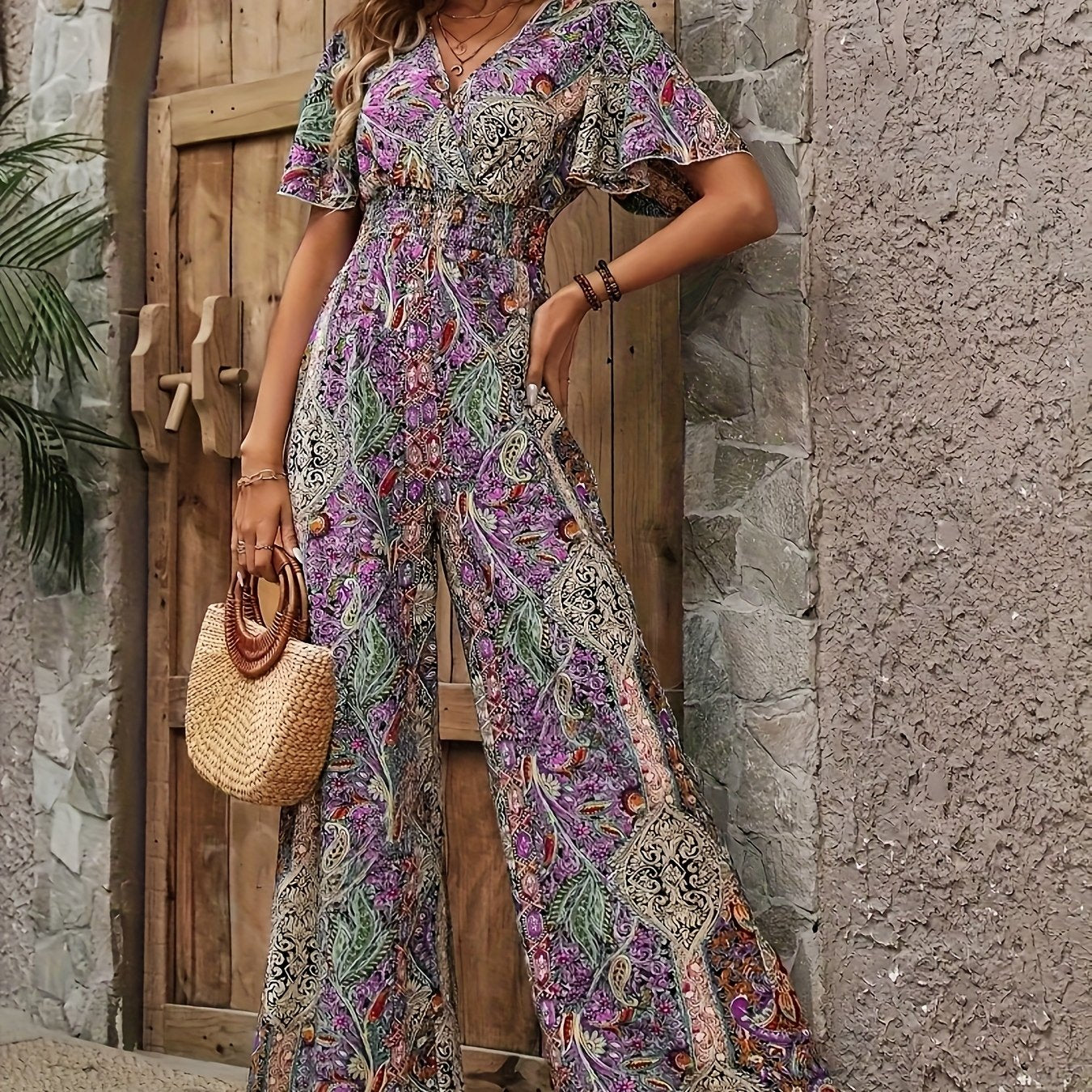 Plus Size Elegant V-Neck Cushion Woven Fabric Spring Summer Jumpsuit