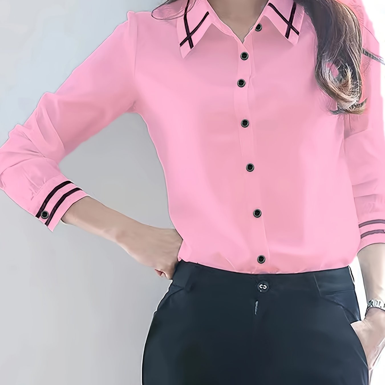 Adult Long Sleeve Color Block Polyester Shirting with Lapel Collar