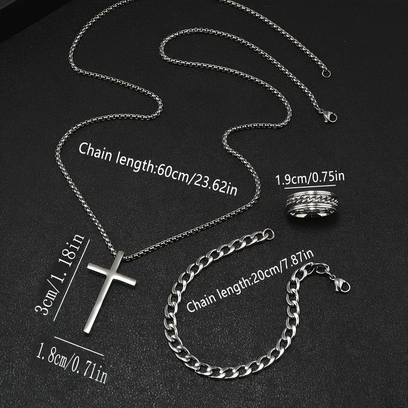 Set of 3 Stylish Cross Chain Necklaces with Rotating Stainless Steel Jewelry