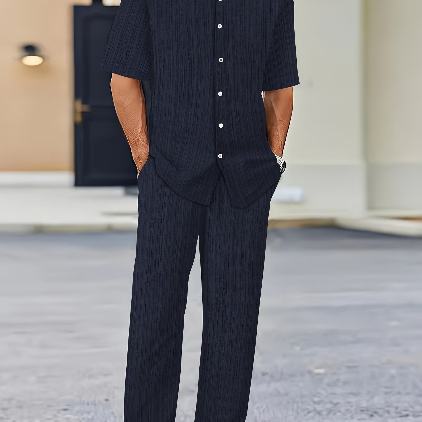 Men's Short Sleeve Striped Sweatsuit Set with Button Collar and Elastic Waist Pants Summer Woven Polyester Spandex