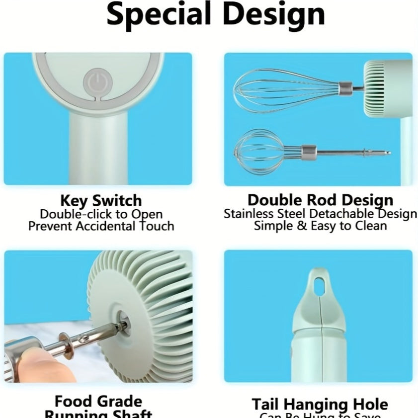 Electric Hand Mixer Stainless Steel Whisk 3-Speed Rechargeable Food Blender