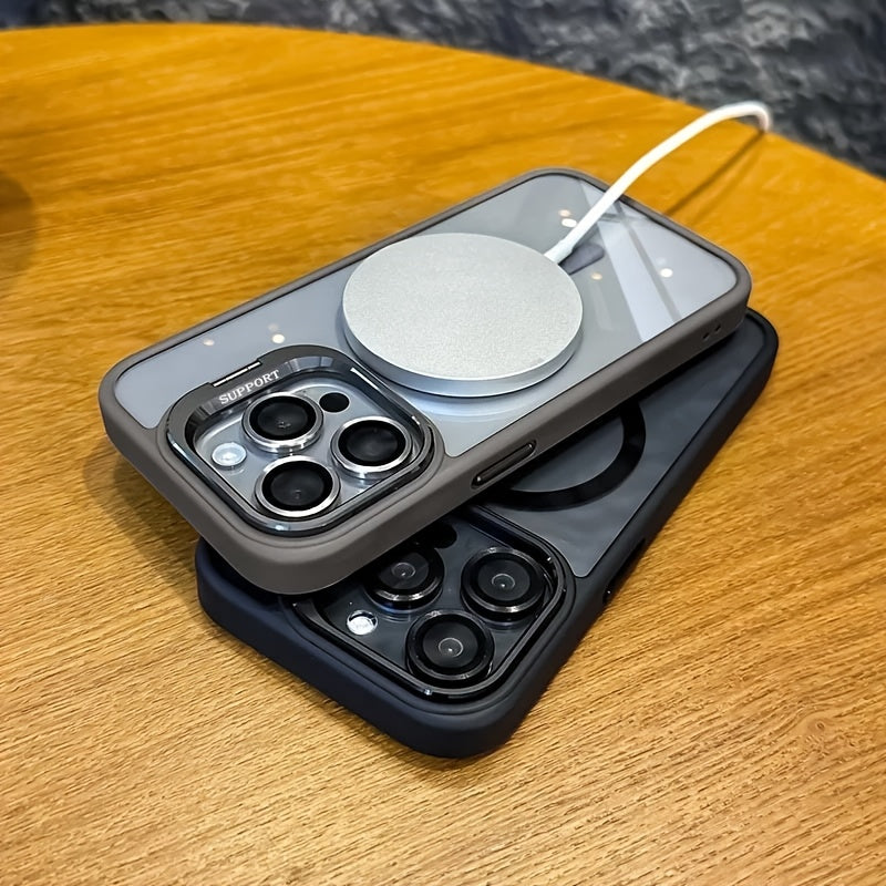 Магнитный металлический каркас для телефона с линзой для iPhone 11-16, акриловая противоударная оболочка с подставкой и беспроводной зарядкой