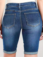 Ayollar uchun denim Bermuda shortlari, yuqori bo‘yin, yuvilgan ko‘k, bukilgan bo‘lakli qism