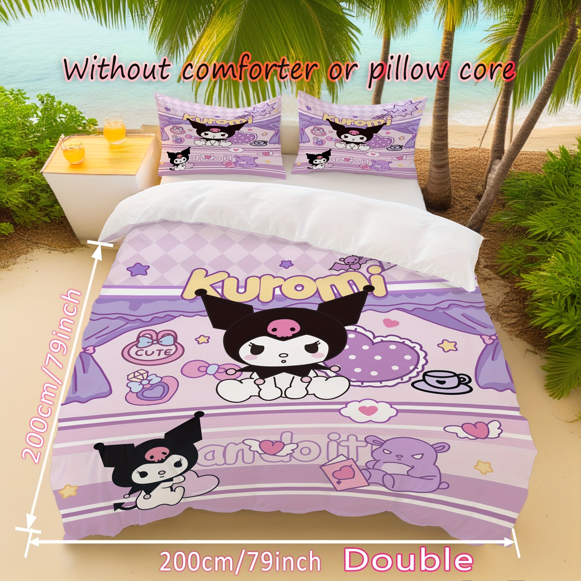 Anime Polyester Bedding Set for Teens Purple Duvet Cover with Zipper Closure