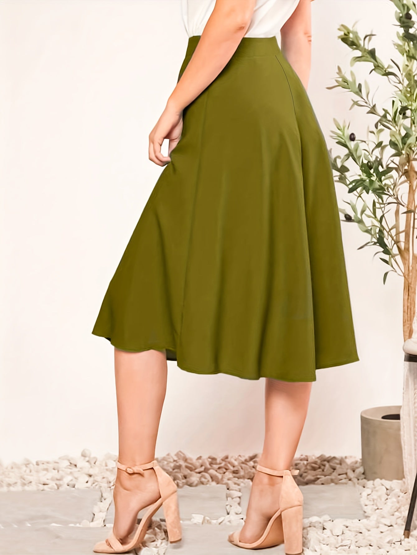 Women's Plus Size Elegant A-Line Skirt High Waist Solid Button Midi Skirt