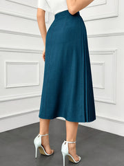 Plus Size Dark Blue Pleated Midi Skirt Ruffled Hem Belted Waist