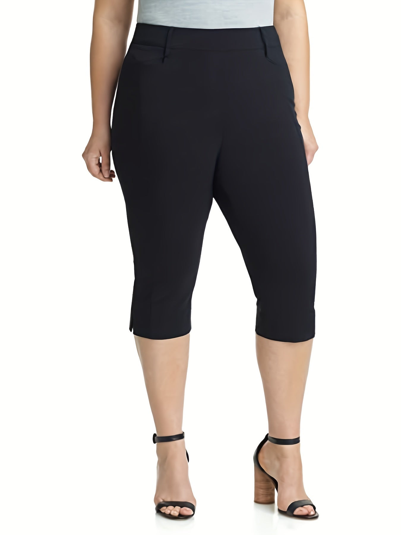 Women's Plus Size Solid Split Hem High Stretch Capri Pants with Pockets