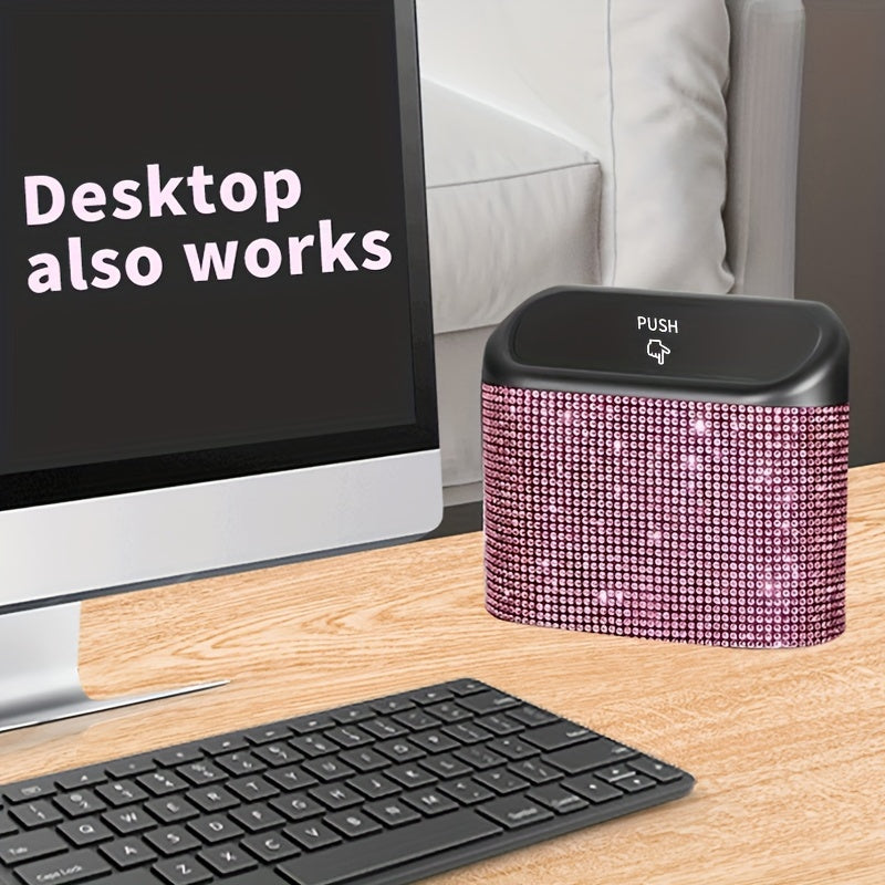 Car Interior Hanging Trash Can with Artificial Rhinestone Inlay Multi-Functional Storage