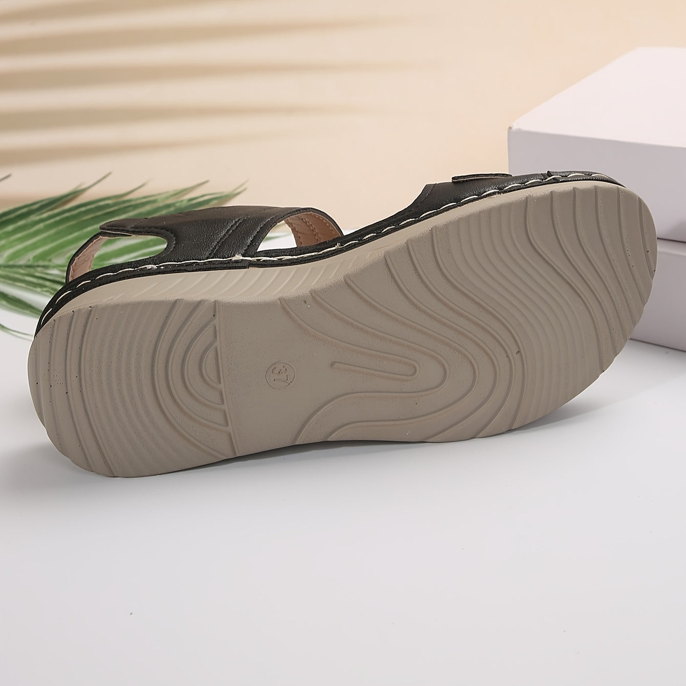 Women's Faux Leather Open-Toe Wedge Sandals with Hook-and-Loop Fastener