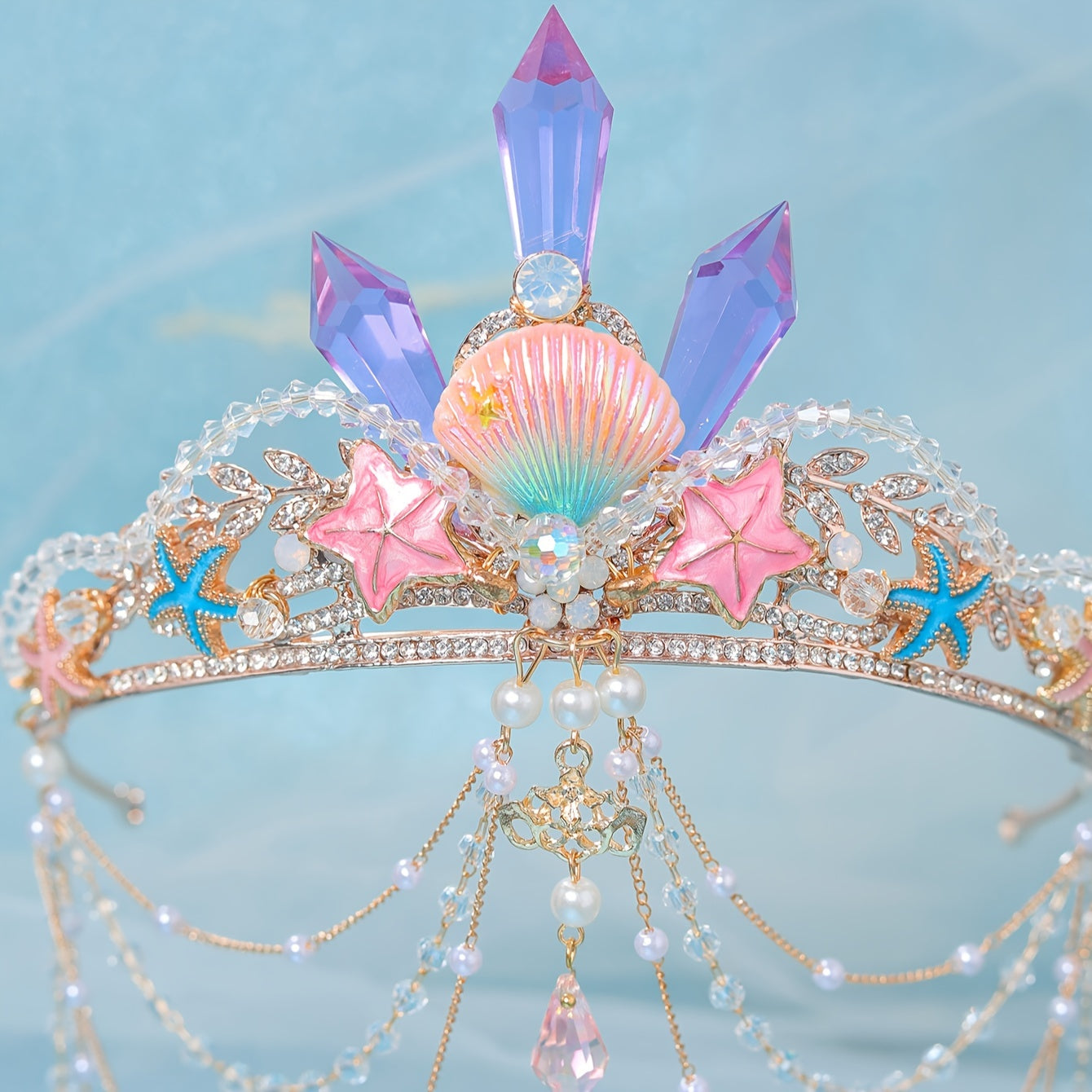 Yuvin Tiara Rhinestone Yulduzcha Shell Dizayni Tassel Soch Aksesuarlar To'y uchun