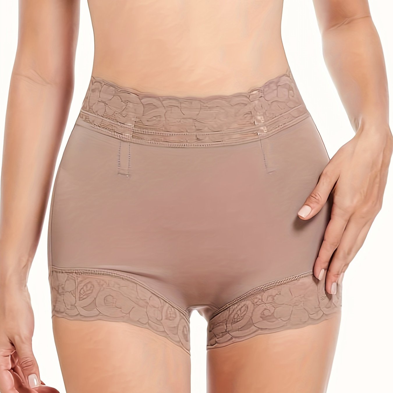 Women's Plus Size Beige Lace-Trimmed Shaping Shorts with Tummy Control and Butt Lifting