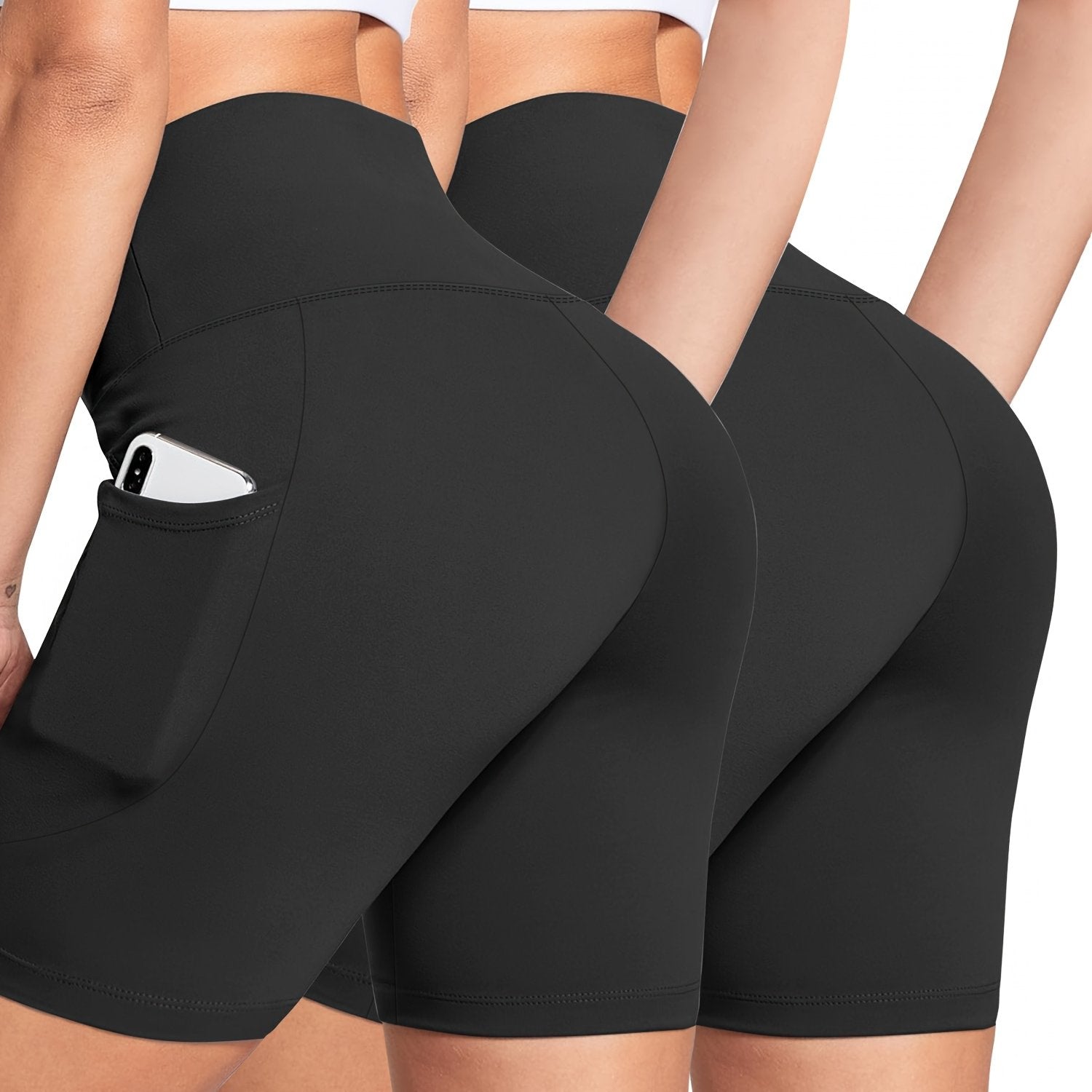 Women's High-Waisted Yoga Shorts 2-Pack Stretchy Slim Fit Black Leopard