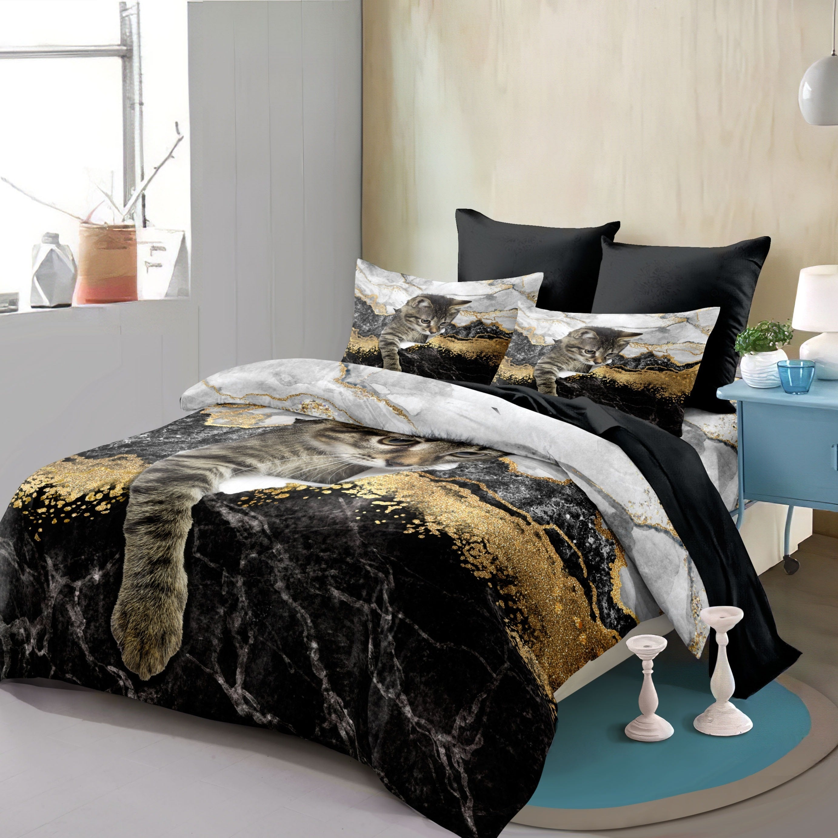 Cat Duvet Cover Set with Pet Cat Pattern and Cute Kitten Print for Kids Teens Bedding