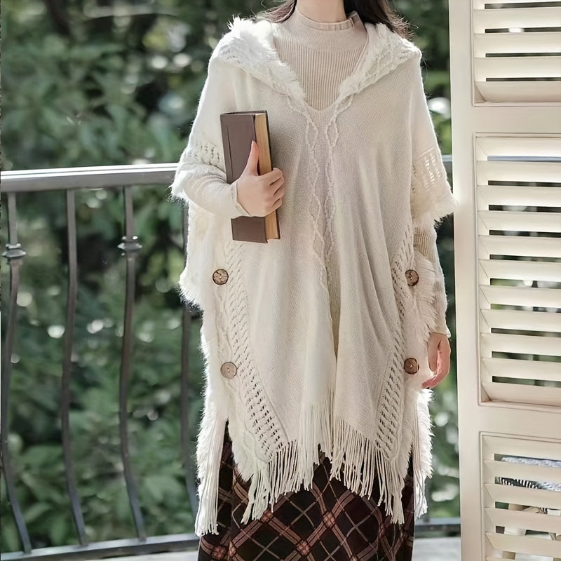 White Bohemian Style Fringed Hooded Poncho for Women Knitted Sweater Casual Shawl