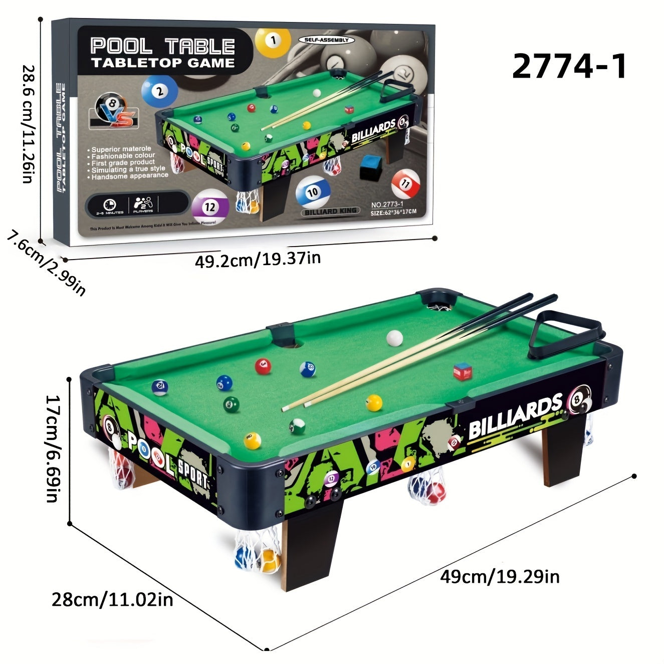 Self-Assembled Wooden Pool Table Set with Cues and 15 Balls for Indoor Play Multiple Sizes
