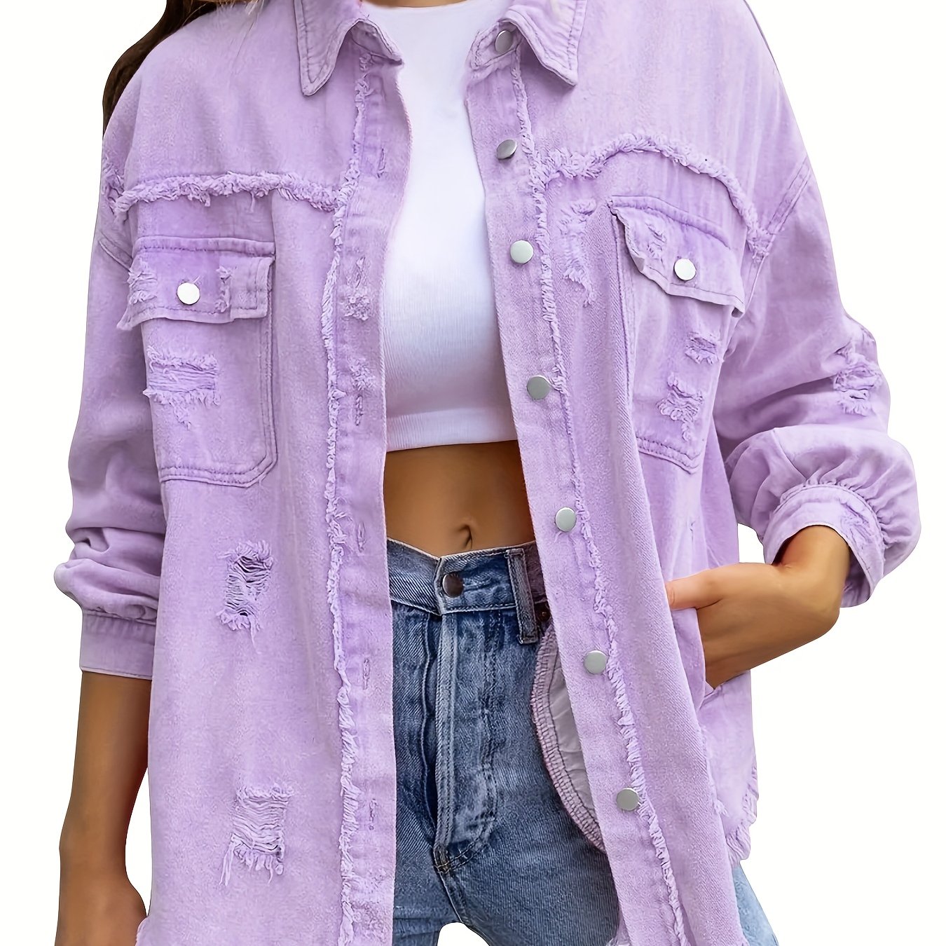 Women's Plus Size Distressed Denim Shirt with Raw Hem and Flap Pockets