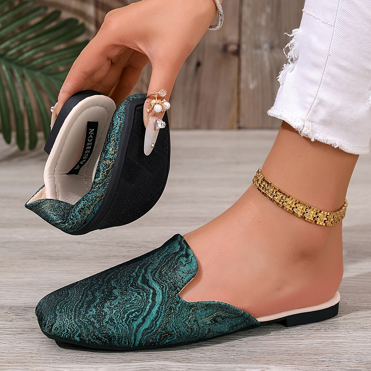 Women’s Green Glitter Slip-On Flat Shoes Casual Square Toe TPR Sole