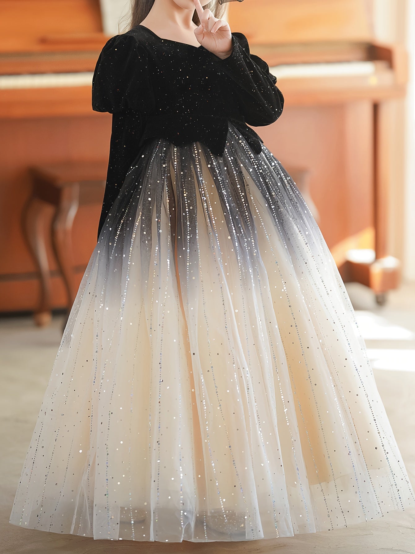 Girls' Long Sleeve Princess Dress with Contrast Sequin Solid Color Winter Romantic Style