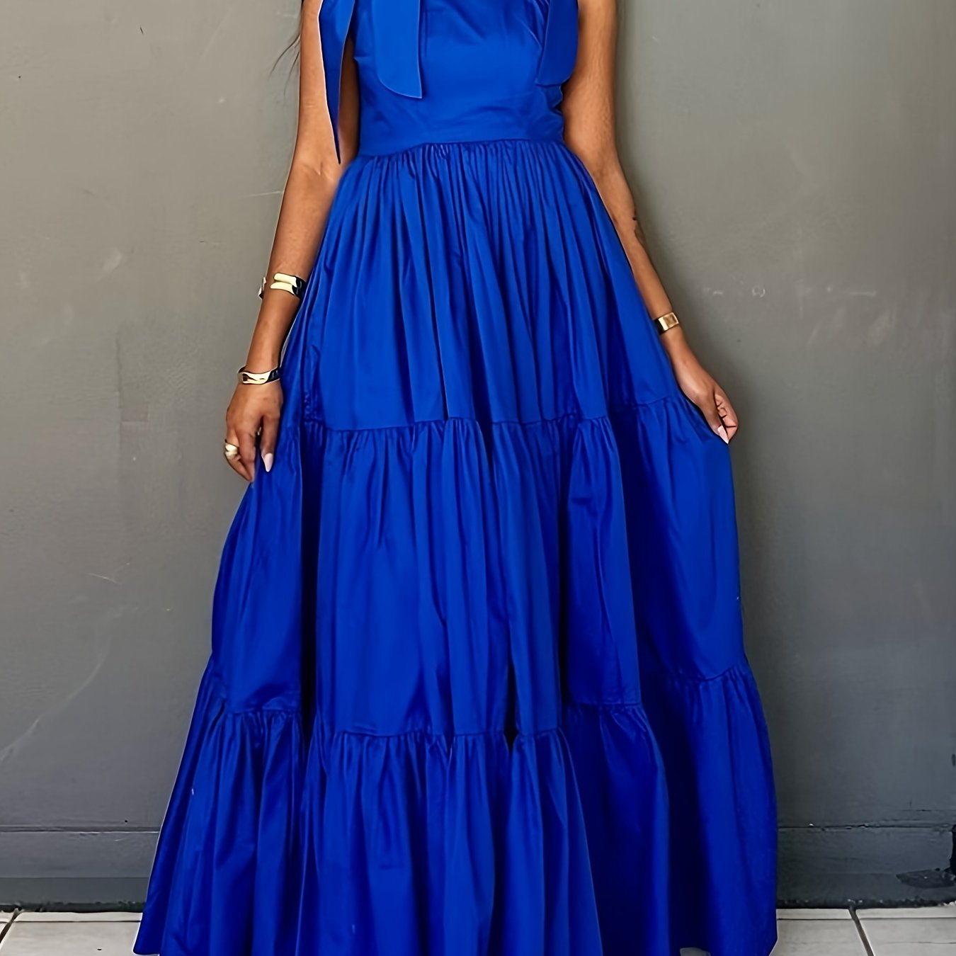 Women's Summer Maxi Dress with Bow Tie Straps Cinched Waist Solid Color Machine Washable