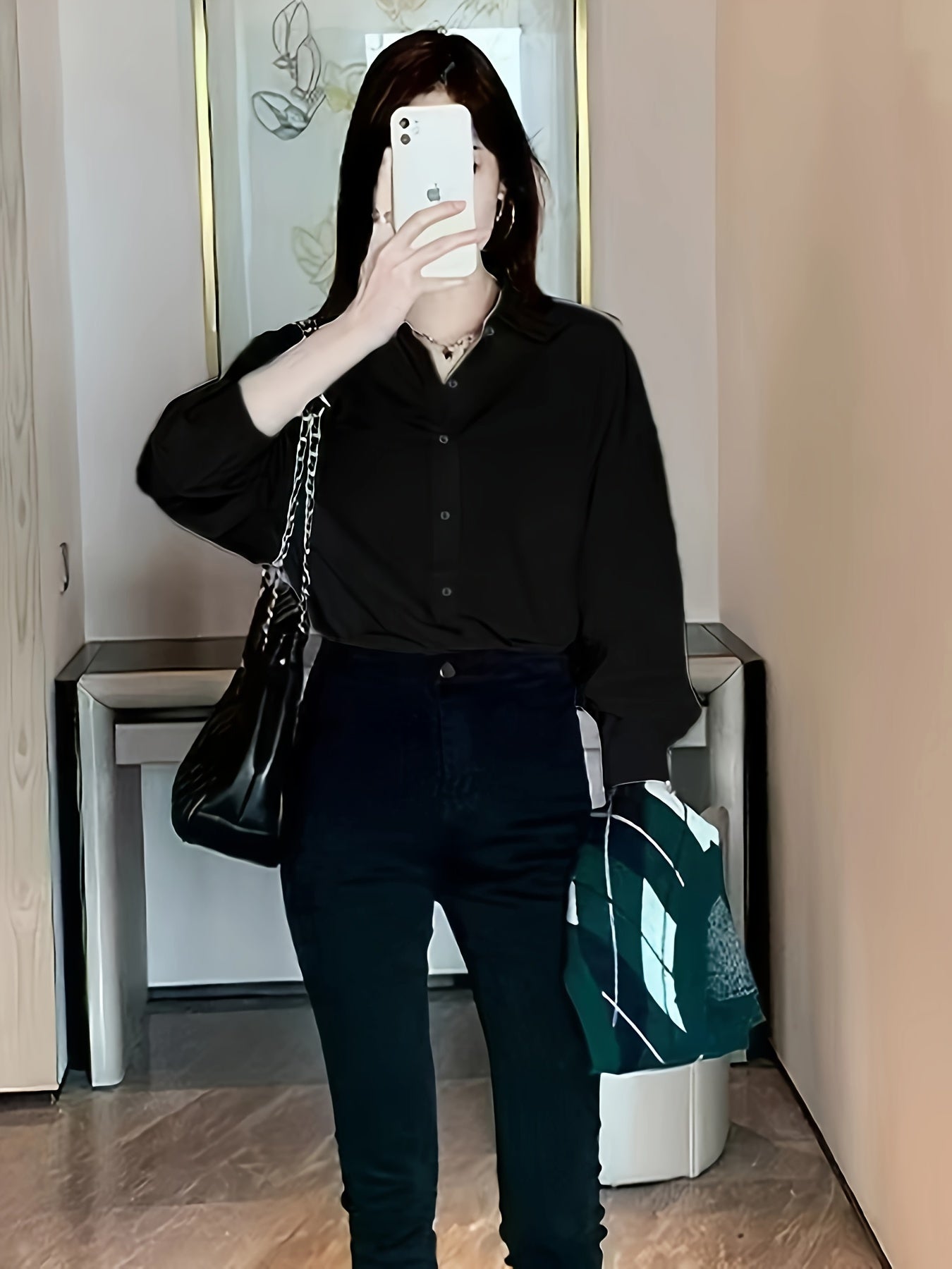 Women's Black Long Sleeve Shirt with Lapel Collar and Belly Support Casual Top