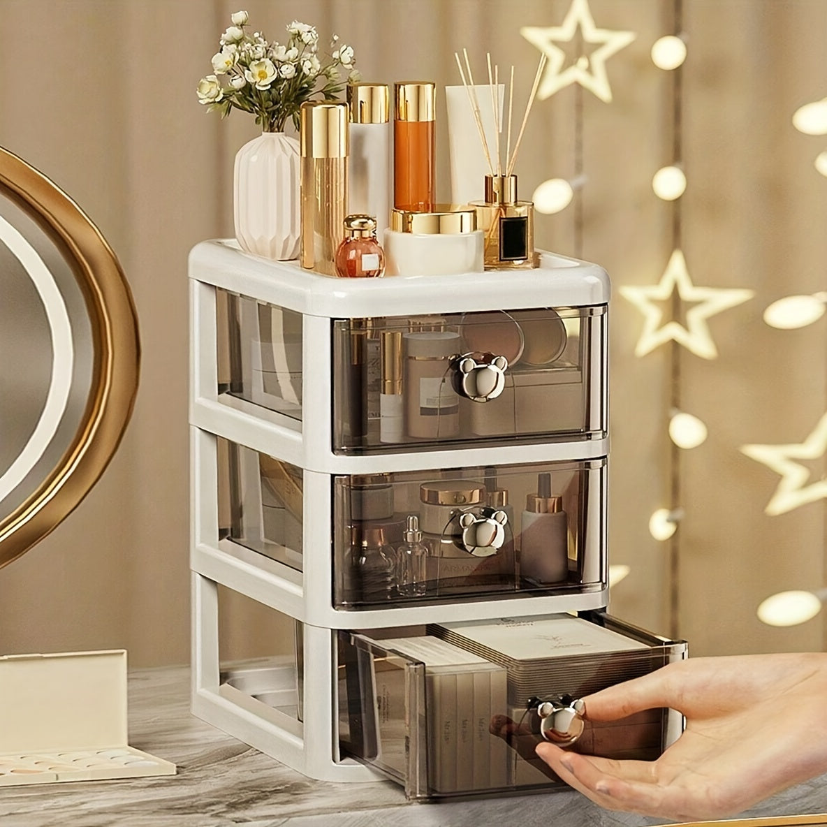 3-Tier Plastic Makeup Organizer with Rolling Feature and Open Dust Cover