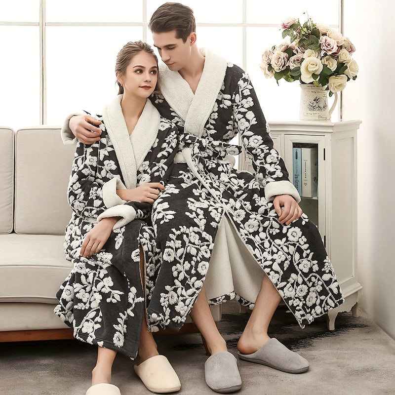 Unisex Thickened Long Bathrobe with Flower Pattern for Home and Bathroom Use
