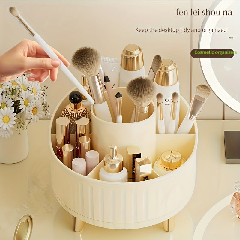 360° Rotating Makeup Organizer with 7 Compartments for Brushes Lipsticks Skincare and Stationery