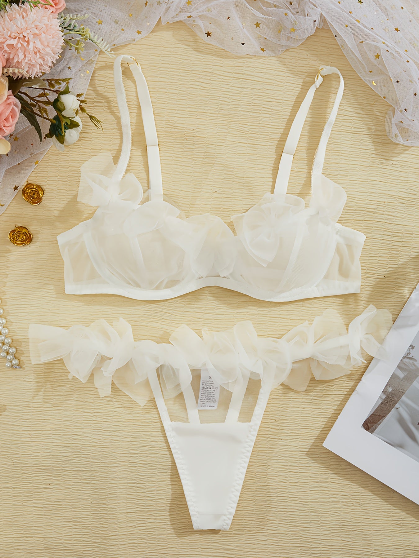 Mesh kamarlik ichki kiyim to'plami, spaghetti tasmalari bilan, bra va ichki kiyimni o'z ichiga oladi, ayollar uchun jozibali kiyim.