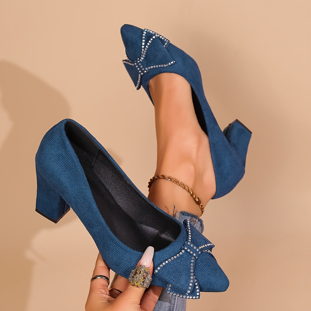 Women's Blue Block Heel Pumps with Rhinestone Bow for Weddings and Parties