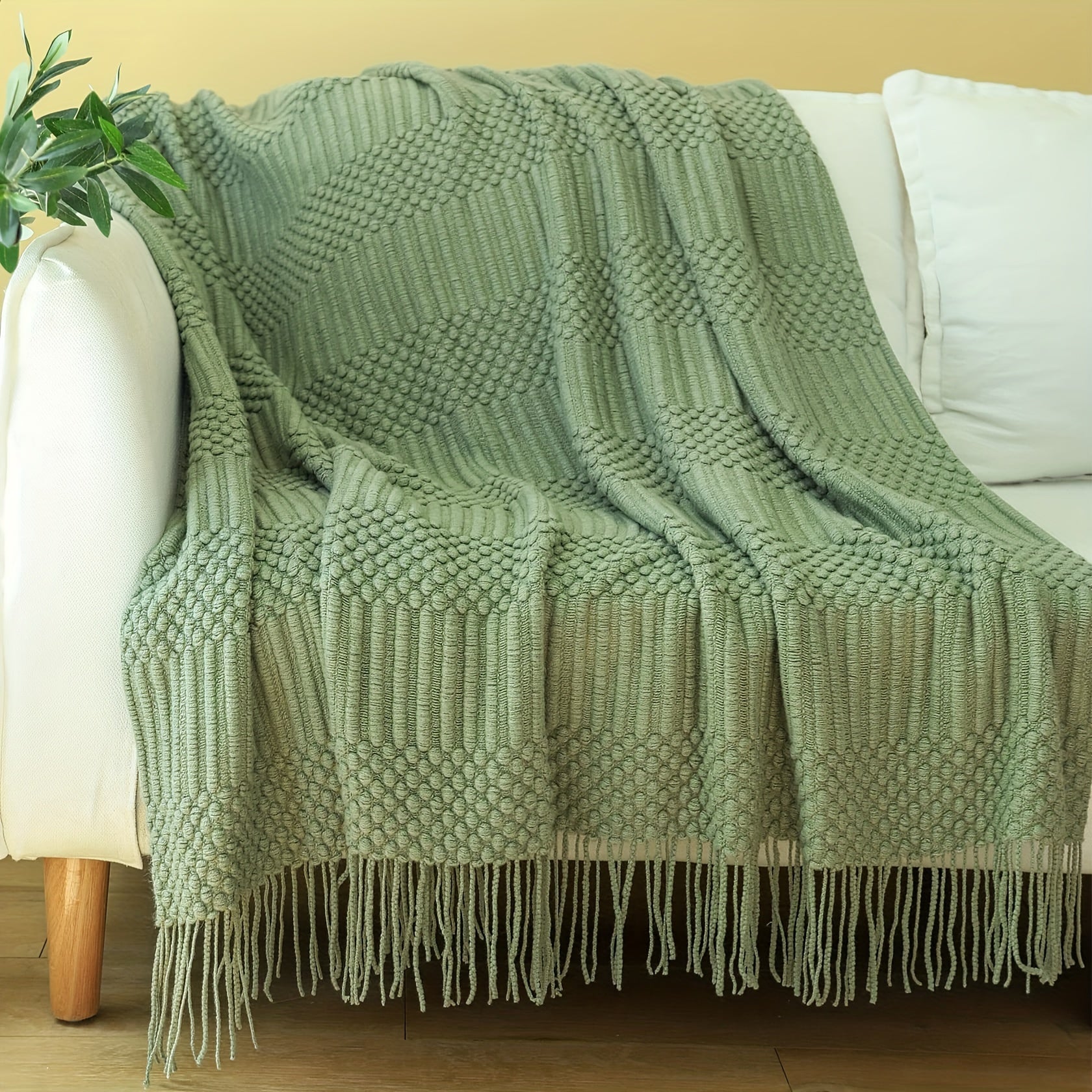 Soft Textured Throw Blanket Stain-Resistant Versatile Couch Bed Travel Green Tan 127x152cm