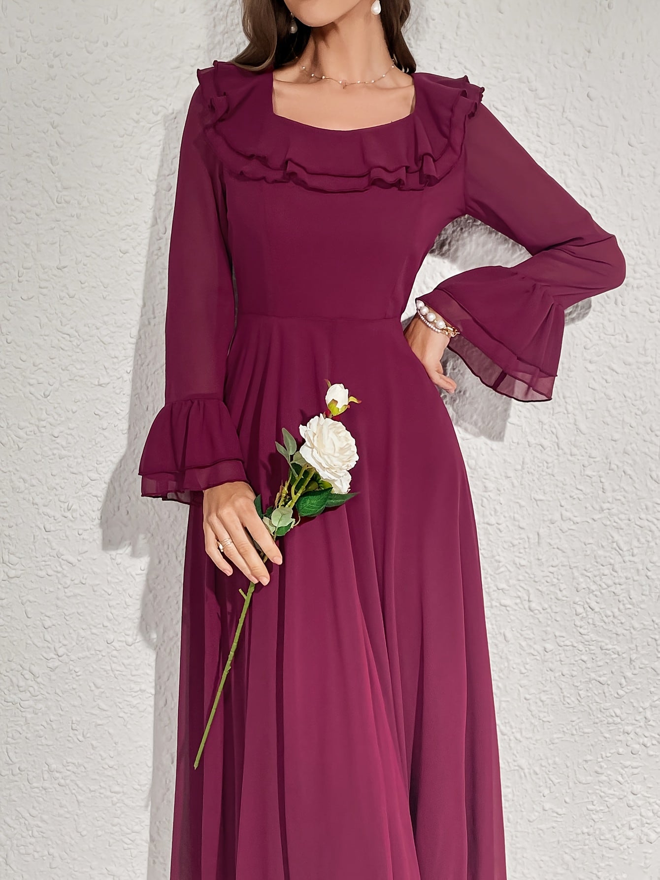 Women's Long Sleeve Polyester Dress with Ruffled Neckline for All Seasons