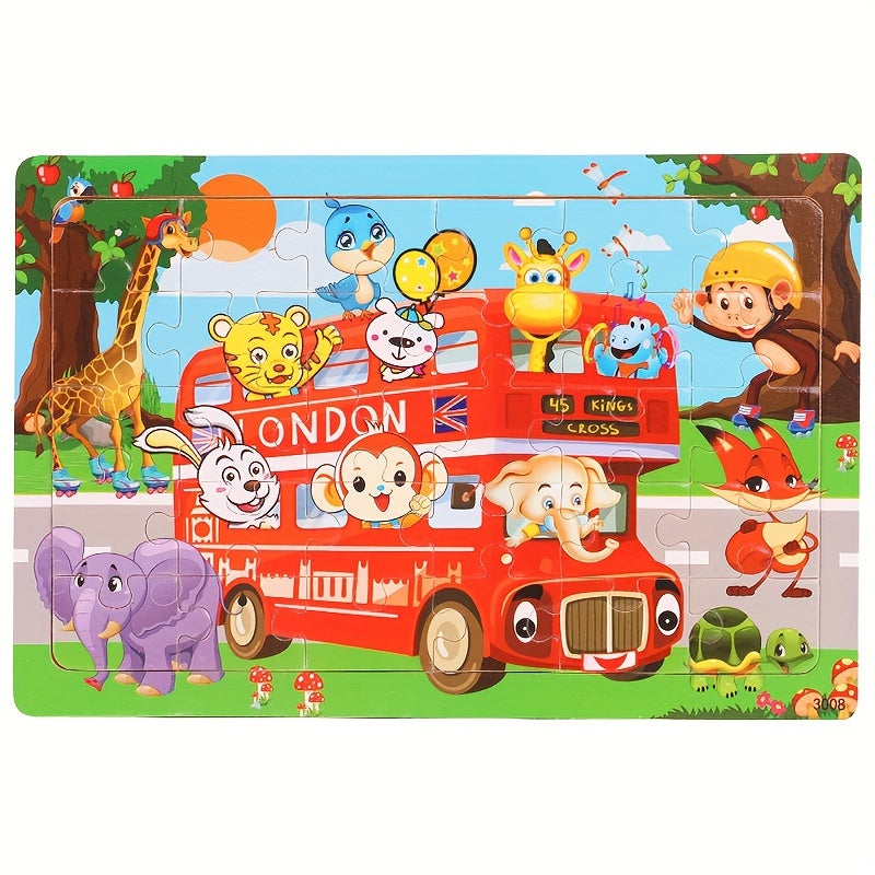 30-Piece Wooden Puzzle for Children Ages 3+ with Animal Dinosaur and Cartoon Designs
