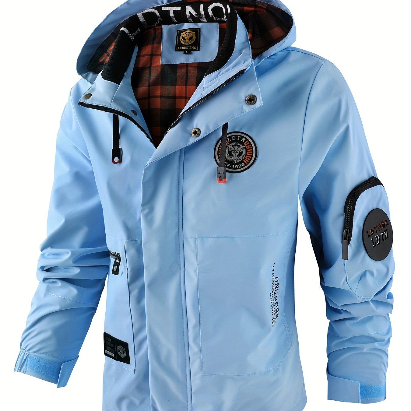 Chaqueta ligera casual de poliéster para hombre con múltiples bolsillos y capucha con cordón