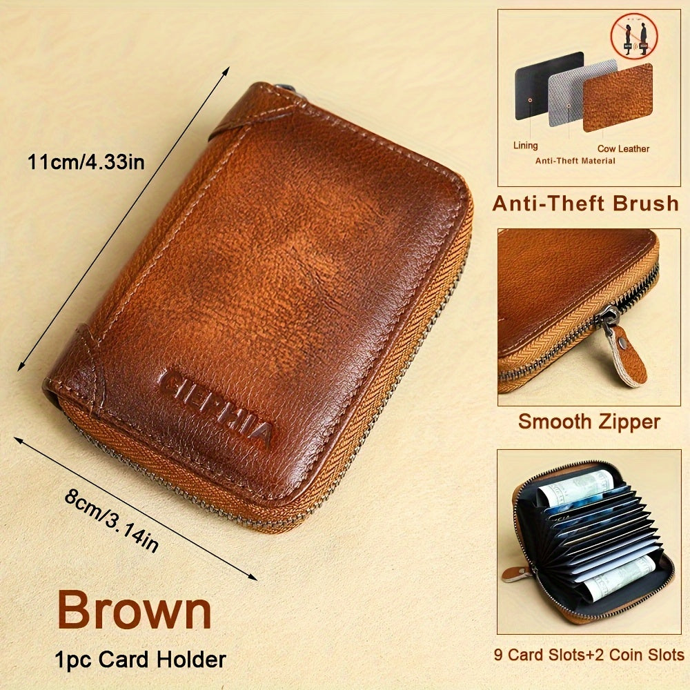 Vintage Genuine Leather Wallet for Men RFID Blocking Deep Brown Slim Bi-Fold